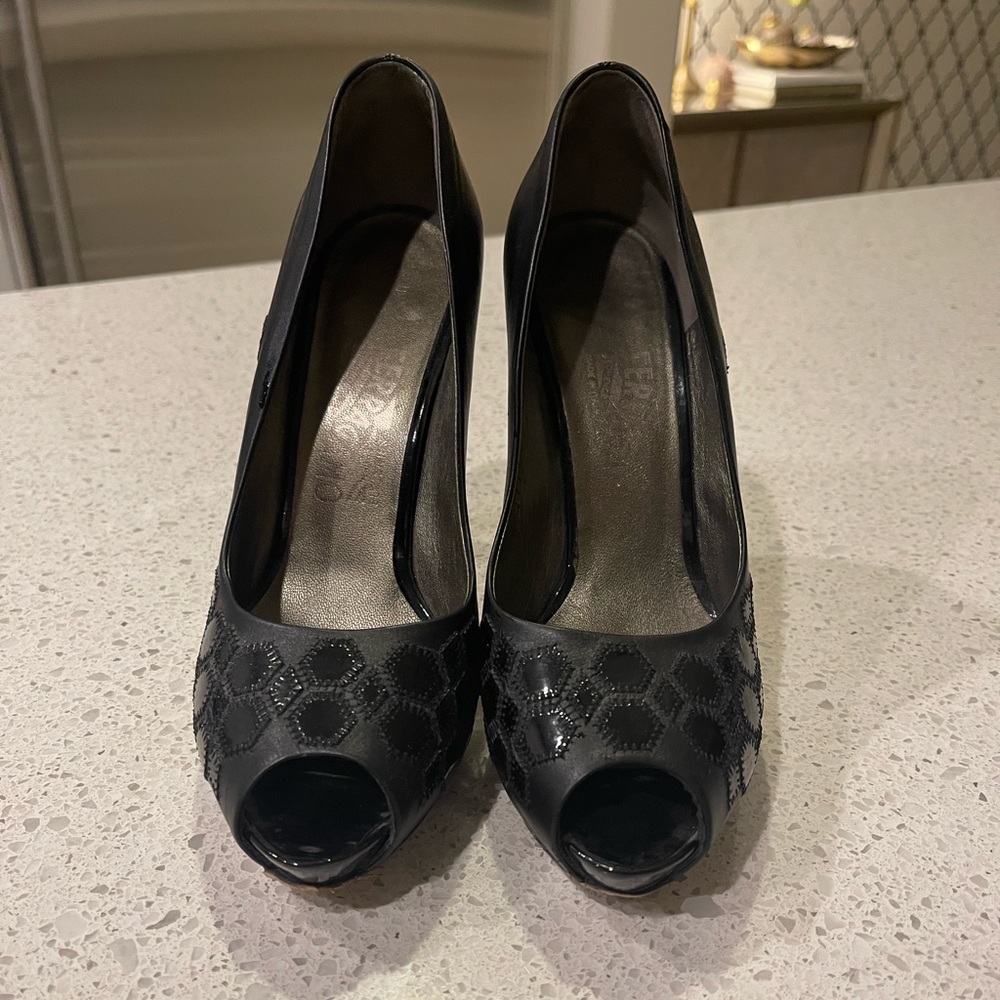 Salvatore Ferragamos  black peep toe size 7